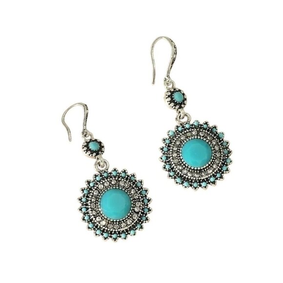 2/$24 Vintage-Inspired Turquoise & Silver Tone Sunburst Dangle Earrings - Picture 5 of 7